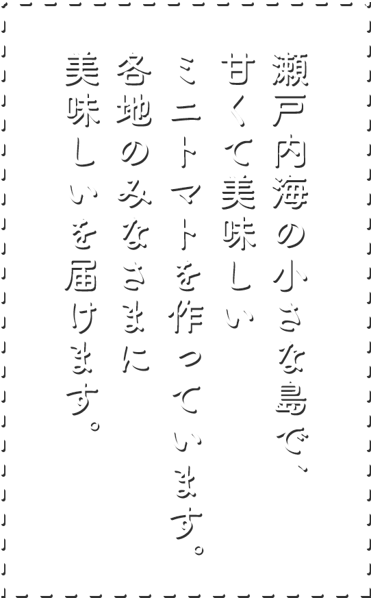 瀬戸内海の小さな島で、甘くて美味しいミニトマトを作っています。各地のみなさまに美味しいを届けます。